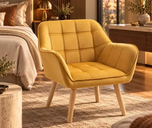 Armchair Accent Chair, Vanity Chair With Wide Arms, Slanted Back, Padding, Metal Frame, Wooden Legs, Home Bedroom Furniture Seating, Yellow featured in How to Use One Bold Accent Chair Without Overwhelming Your Room