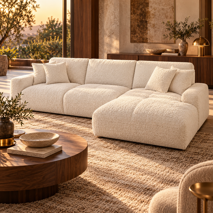 Stretch Out in Style: 3-Seater Chenille Sofa with Chaise & 4 Pillows featured in How to Style a Sofa with a Chaise When Your Layout Changes
