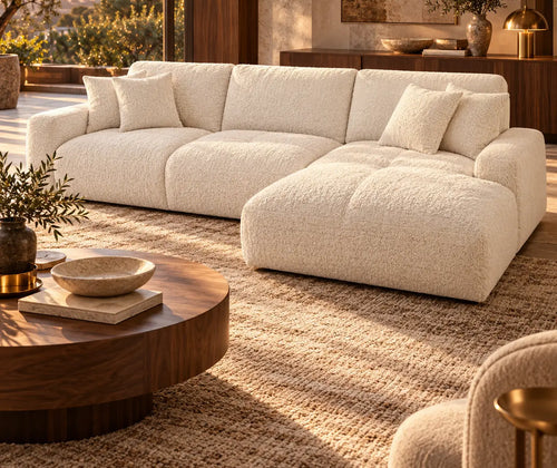 Stretch Out in Style: 3-Seater Chenille Sofa with Chaise & 4 Pillows featured in How to Style a Sofa with a Chaise When Your Layout Changes