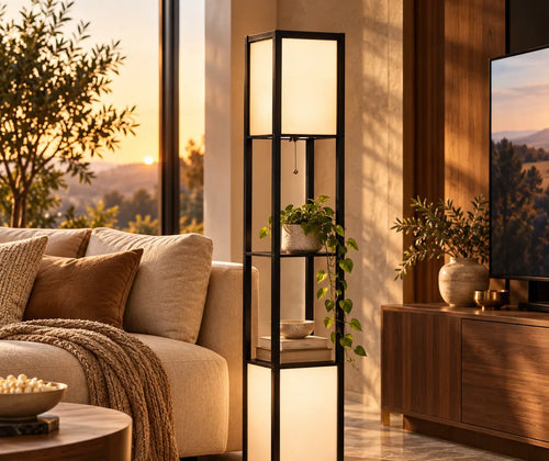 Modern Shelf Floor Lamp with Dual Ambient Light featured in How to Create a Family Movie Corner with Comfortable Seating