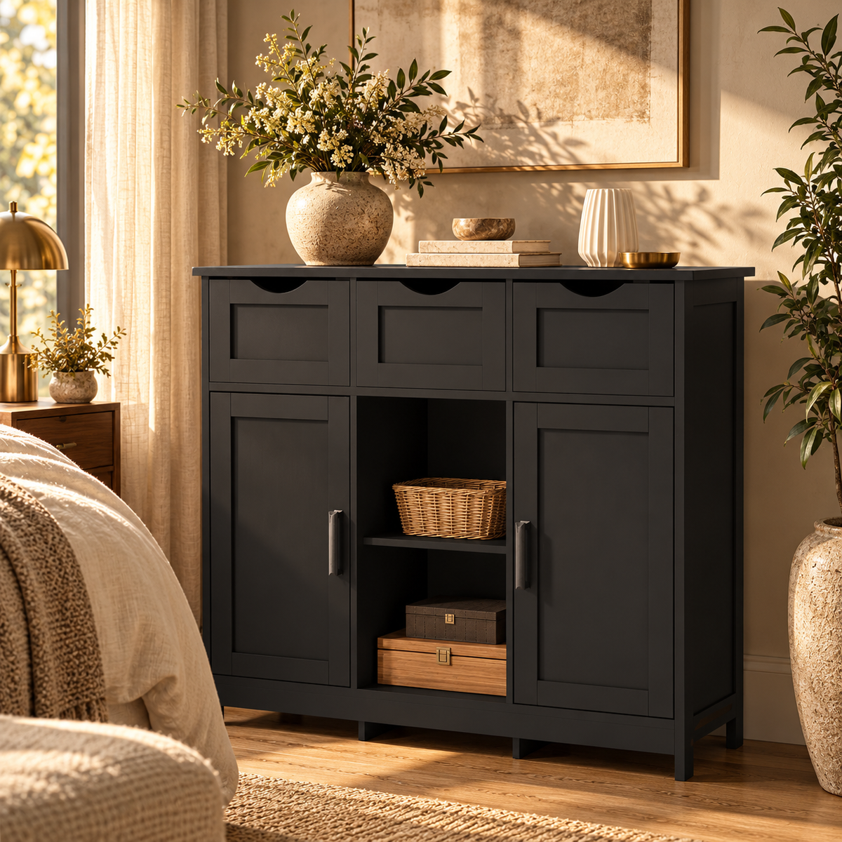 Storage Cabinet, Wooden Floor Cabinet, Storage Cabinet With Drawers And Shelves, Living Room, Bedroom, Bathroom Furniture, Home Decoration Cabinet featured in How to Furnish a Studio Apartment with Separate Living and Sleeping Zones