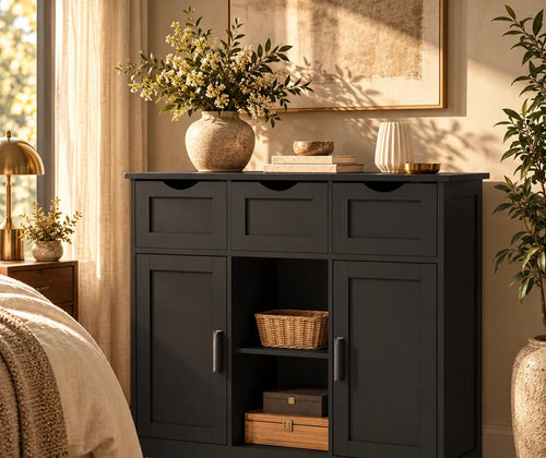 Storage Cabinet, Wooden Floor Cabinet, Storage Cabinet With Drawers And Shelves, Living Room, Bedroom, Bathroom Furniture, Home Decoration Cabinet featured in How to Furnish a Studio Apartment with Separate Living and Sleeping Zones