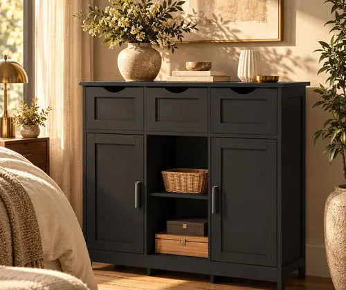 Storage Cabinet, Wooden Floor Cabinet, Storage Cabinet With Drawers And Shelves, Living Room, Bedroom, Bathroom Furniture, Home Decoration Cabinet featured in How to Furnish a Studio Apartment with Separate Living and Sleeping Zones