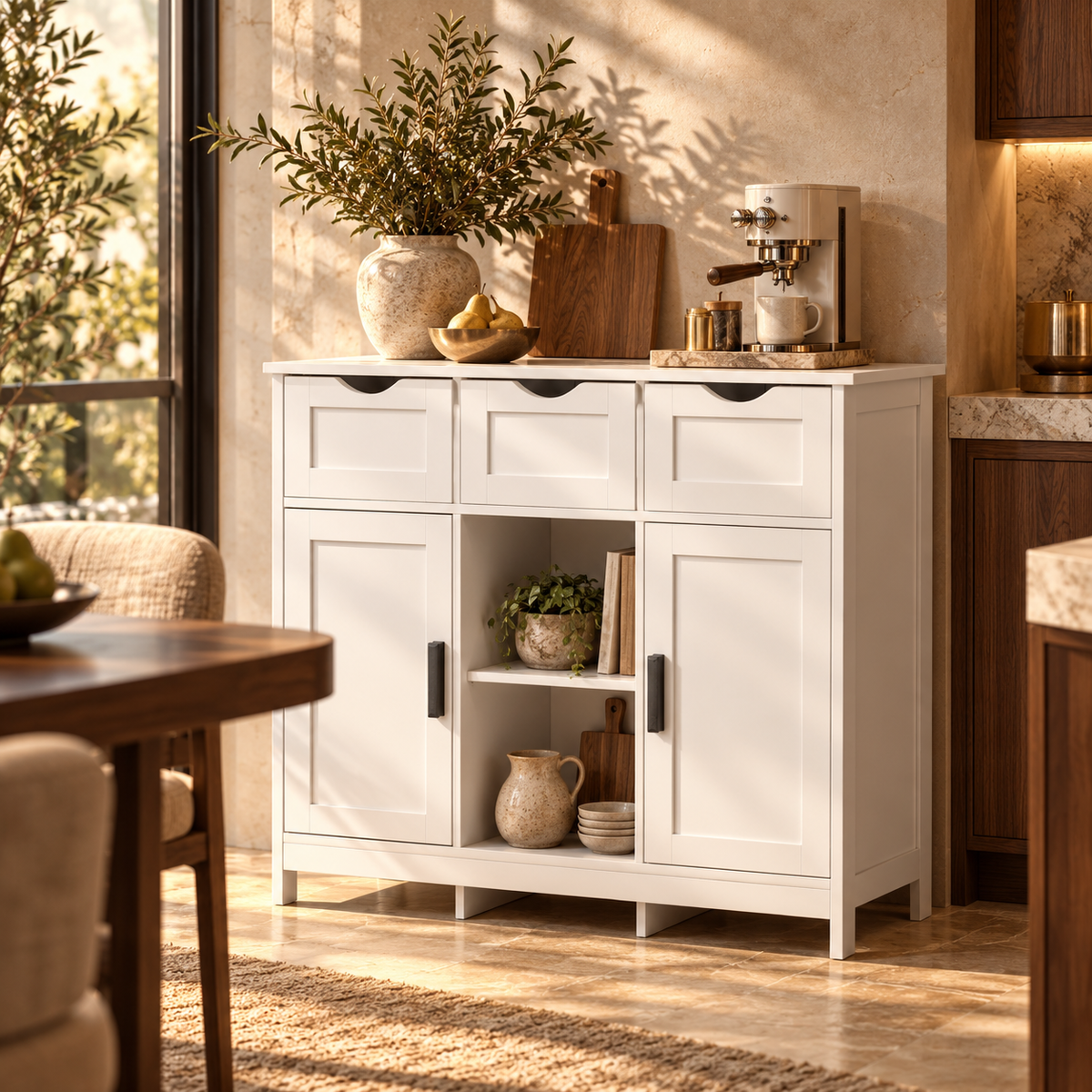 White Storage Cabinet with Drawers & Adjustable Shelves – Buffet, Coffee Bar & Bedroom Organizer featured in How to Choose Furniture for a Rental You May Move Out of Next Year