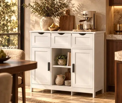 White Storage Cabinet with Drawers & Adjustable Shelves – Buffet, Coffee Bar & Bedroom Organizer featured in How to Choose Furniture for a Rental You May Move Out of Next Year