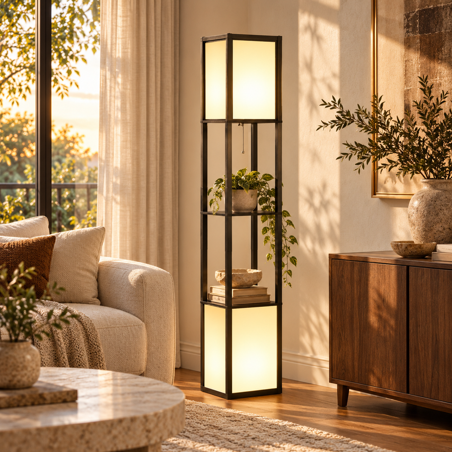 Modern Shelf Floor Lamp with Dual Ambient Light featured in How to Make an Awkward Living Room Corner Feel Intentional