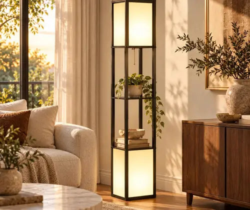 Modern Shelf Floor Lamp with Dual Ambient Light featured in How to Make an Awkward Living Room Corner Feel Intentional