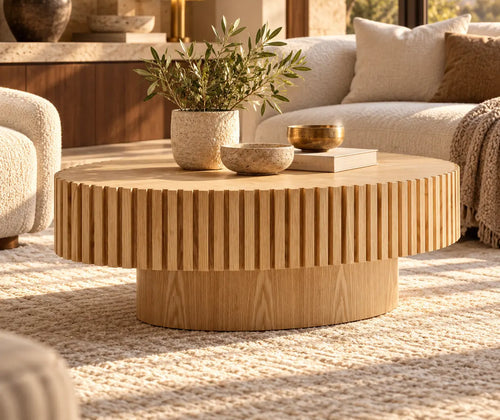 Modern Handmade Drum Coffee Table featured in Round vs. Rectangular Coffee Tables: Which Works Better with Your Sofa?