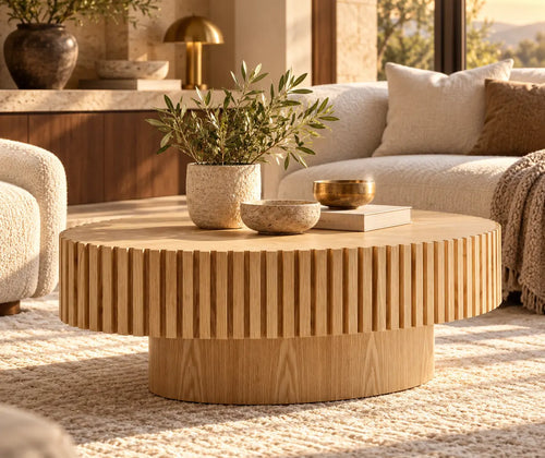 Modern Handmade Drum Coffee Table featured in Round vs. Rectangular Coffee Tables: Which Works Better with Your Sofa?
