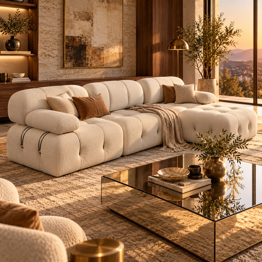 Nordic Modern Fabric Sofa with Decorative Buckle Detail, Contemporary Couch for Living Room featured in How to Decorate with a Mirrored Coffee Table Without Overdoing the Shine