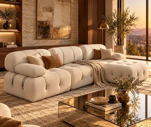 Nordic Modern Fabric Sofa with Decorative Buckle Detail, Contemporary Couch for Living Room featured in How to Decorate with a Mirrored Coffee Table Without Overdoing the Shine