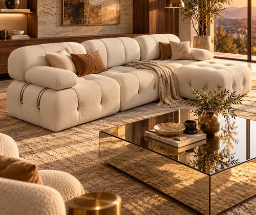 Nordic Modern Fabric Sofa with Decorative Buckle Detail, Contemporary Couch for Living Room featured in How to Decorate with a Mirrored Coffee Table Without Overdoing the Shine