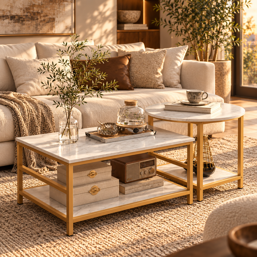 Coffee Tables Set of 2, Rectangle and Round Coffee Table with Storage Shelves, Faux Marble Top, Living Room Table Set featured in How to Make a Coffee Table with Storage Look Clutter-Free