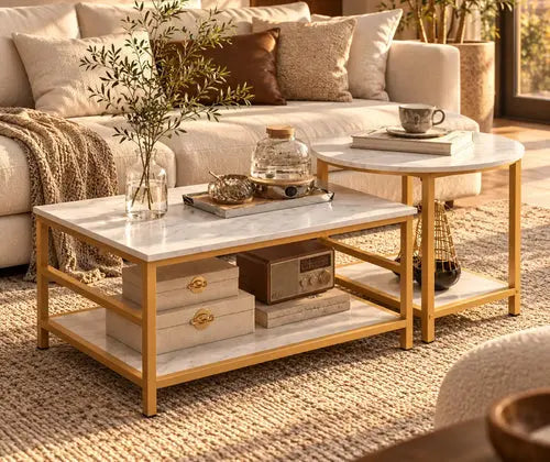 Coffee Tables Set of 2, Rectangle and Round Coffee Table with Storage Shelves, Faux Marble Top, Living Room Table Set featured in How to Make a Coffee Table with Storage Look Clutter-Free