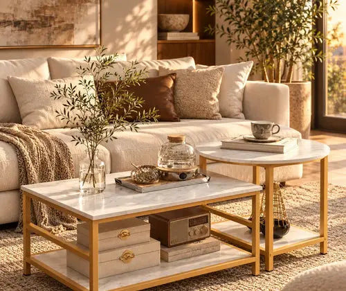 Coffee Tables Set of 2, Rectangle and Round Coffee Table with Storage Shelves, Faux Marble Top, Living Room Table Set featured in How to Make a Coffee Table with Storage Look Clutter-Free