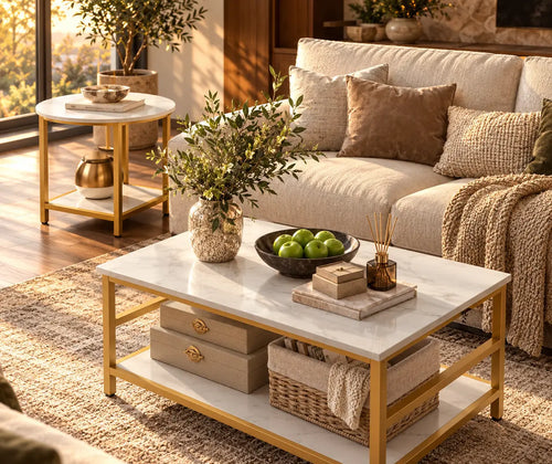 Coffee Tables Set of 2, Rectangle and Round Coffee Table with Storage Shelves, Faux Marble Top, Living Room Table Set featured in Two Coffee Tables Instead of One: When a Table Set Works Better