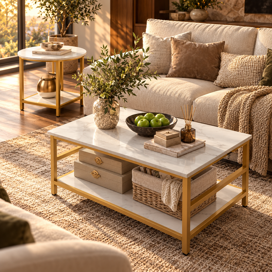 Coffee Tables Set of 2, Rectangle and Round Coffee Table with Storage Shelves, Faux Marble Top, Living Room Table Set featured in Two Coffee Tables Instead of One: When a Table Set Works Better