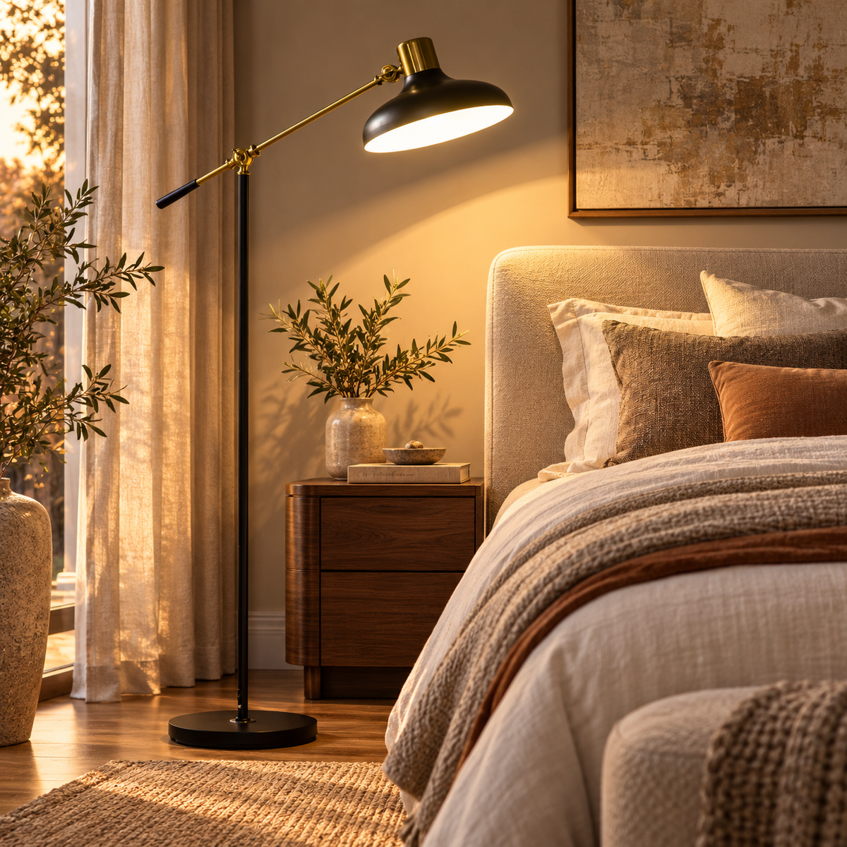 Adjustable Floor Lamps for Living Room, Standing Lamp for Bedroom with Balance Arm, Tall Black and Gold Lamp featured in How to Place a Floor Lamp Beside a Sofa Without Creating Glare