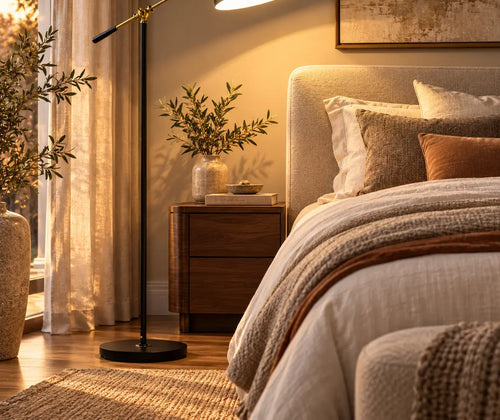 Adjustable Floor Lamps for Living Room, Standing Lamp for Bedroom with Balance Arm, Tall Black and Gold Lamp featured in How to Place a Floor Lamp Beside a Sofa Without Creating Glare