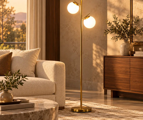 Modern 3-Light Floor Lamp for Living Room, Tree Standing Lamp with Globe Lampshades, 10.75"x10.75"x66.5", Gold featured in Black and Gold Lighting Ideas for a Modern Living Room