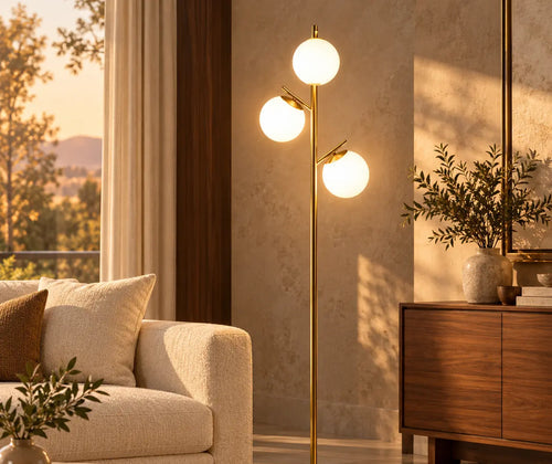 Modern 3-Light Floor Lamp for Living Room, Tree Standing Lamp with Globe Lampshades, 10.75"x10.75"x66.5", Gold featured in Black and Gold Lighting Ideas for a Modern Living Room