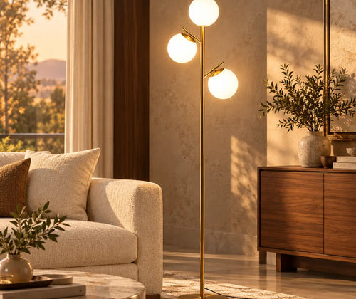 Modern 3-Light Floor Lamp for Living Room, Tree Standing Lamp with Globe Lampshades, 10.75"x10.75"x66.5", Gold featured in Black and Gold Lighting Ideas for a Modern Living Room