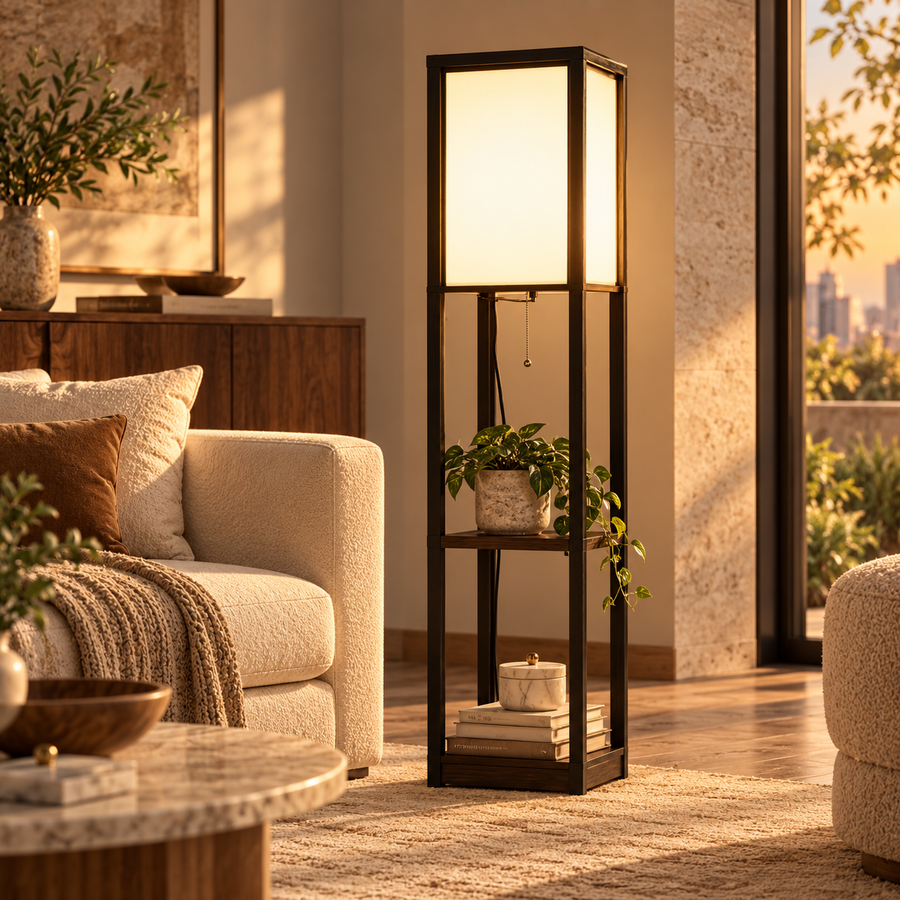 Modern Shelf Floor Lamp with Dual Ambient Light featured in Shelf Floor Lamps: A Practical Option for Rooms Short on Surface Space