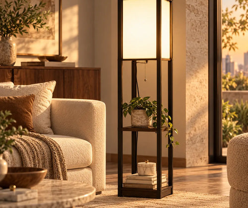 Modern Shelf Floor Lamp with Dual Ambient Light featured in Shelf Floor Lamps: A Practical Option for Rooms Short on Surface Space