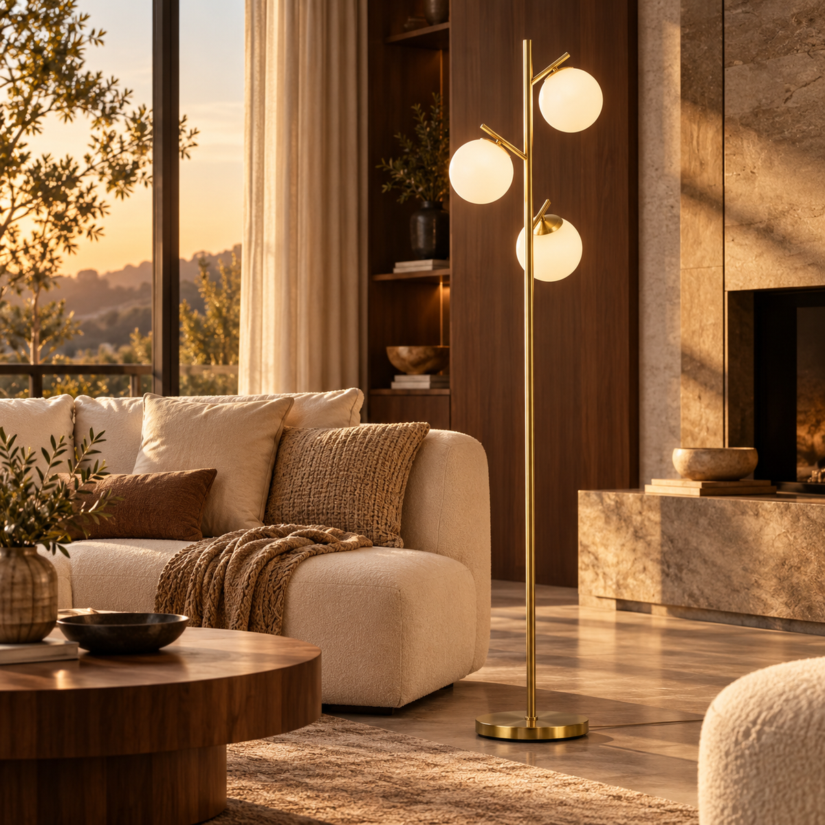 Modern 3-Light Floor Lamp for Living Room, Tree Standing Lamp with Globe Lampshades, 10.75"x10.75"x66.5", Gold featured in How to Light a Room When You Cannot Install Ceiling Fixtures