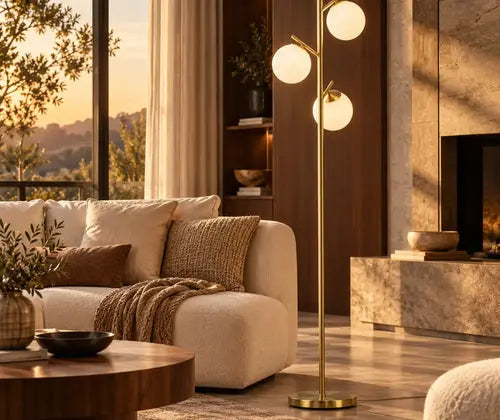 Modern 3-Light Floor Lamp for Living Room, Tree Standing Lamp with Globe Lampshades, 10.75"x10.75"x66.5", Gold featured in How to Light a Room When You Cannot Install Ceiling Fixtures