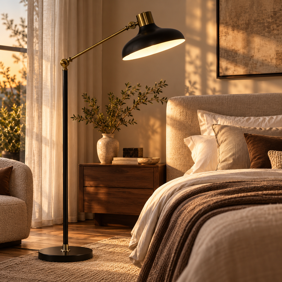 Adjustable Floor Lamps for Living Room, Standing Lamp for Bedroom with Balance Arm, Tall Black and Gold Lamp featured in How to Create an Evening Wind-Down Corner at Home
