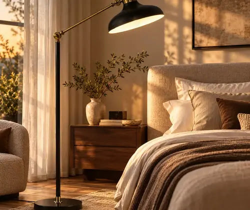 Adjustable Floor Lamps for Living Room, Standing Lamp for Bedroom with Balance Arm, Tall Black and Gold Lamp featured in How to Create an Evening Wind-Down Corner at Home