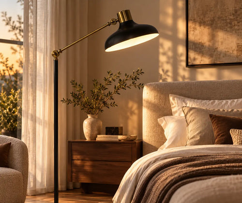 Adjustable Floor Lamps for Living Room, Standing Lamp for Bedroom with Balance Arm, Tall Black and Gold Lamp featured in How to Create an Evening Wind-Down Corner at Home