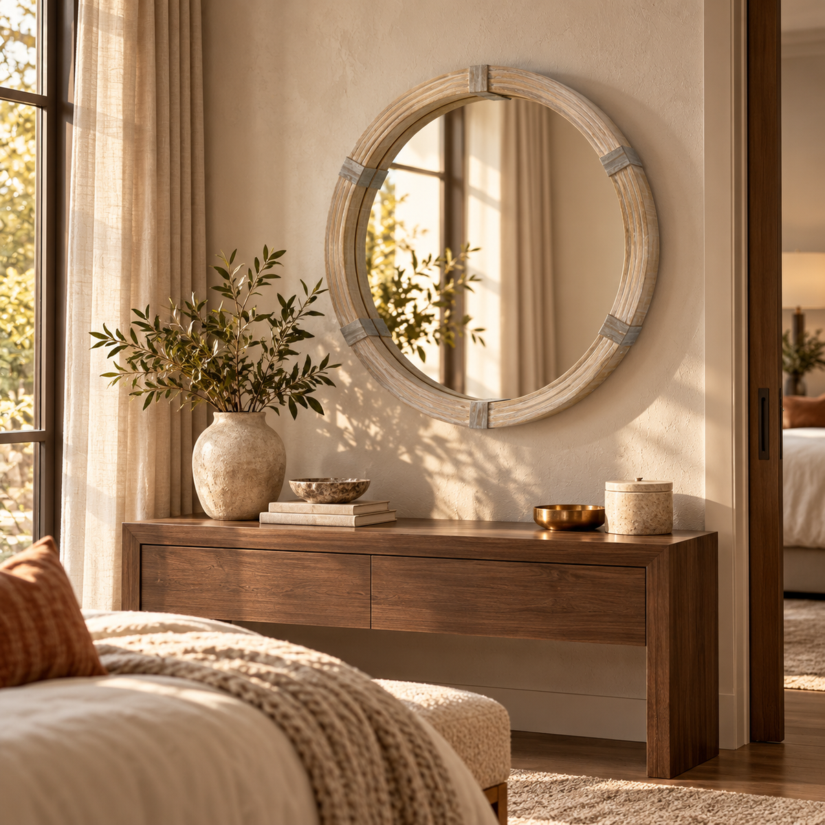 30.75" Wood Wall Mirror, Farmhouse Decorative e Round Mirror for Wall Decor in Living Room, Bedroom, Natural Wood Color featured in How to Choose a Mirror for a Small Entryway