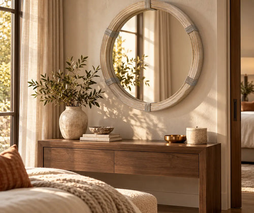 30.75" Wood Wall Mirror, Farmhouse Decorative e Round Mirror for Wall Decor in Living Room, Bedroom, Natural Wood Color featured in How to Choose a Mirror for a Small Entryway