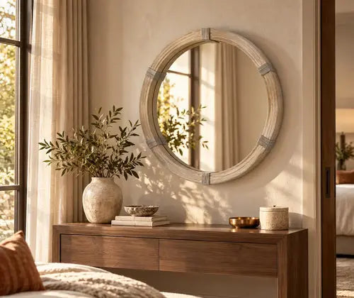 30.75" Wood Wall Mirror, Farmhouse Decorative e Round Mirror for Wall Decor in Living Room, Bedroom, Natural Wood Color featured in How to Choose a Mirror for a Small Entryway