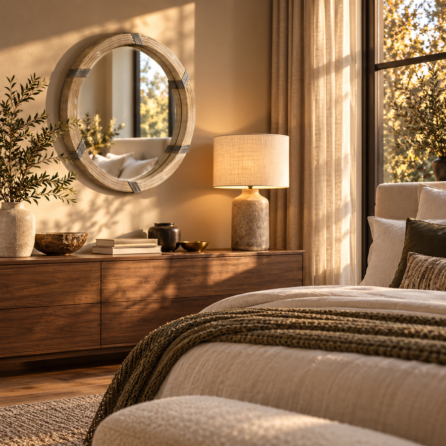 30.75" Wood Wall Mirror, Farmhouse Decorative e Round Mirror for Wall Decor in Living Room, Bedroom, Natural Wood Color featured in How to Make a Dark Corner Feel Brighter with a Mirror and Lamp