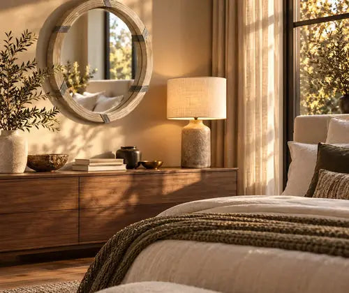 30.75" Wood Wall Mirror, Farmhouse Decorative e Round Mirror for Wall Decor in Living Room, Bedroom, Natural Wood Color featured in How to Make a Dark Corner Feel Brighter with a Mirror and Lamp