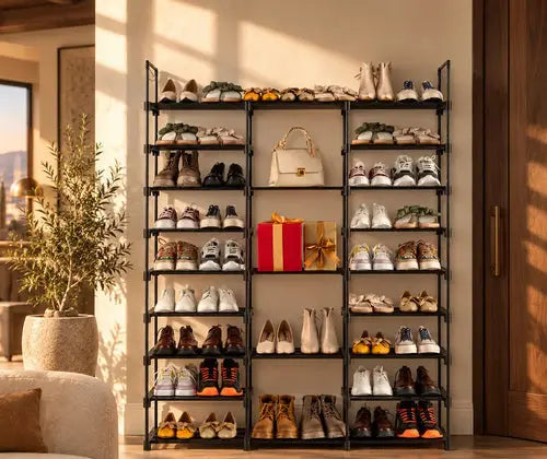 Shoe Racks 3 Rows And 9 Layers with Hooks Can Hold 50 Pairs of Shoes featured in How to Set Up a Small Entryway When You Have No Coat Closet
