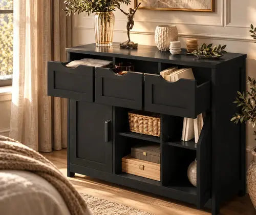 Storage Cabinet, Wooden Floor Cabinet, Storage Cabinet With Drawers And Shelves, Living Room, Bedroom, Bathroom Furniture, Home Decoration Cabinet featured in How to Choose Between Open Shelves and Closed Storage