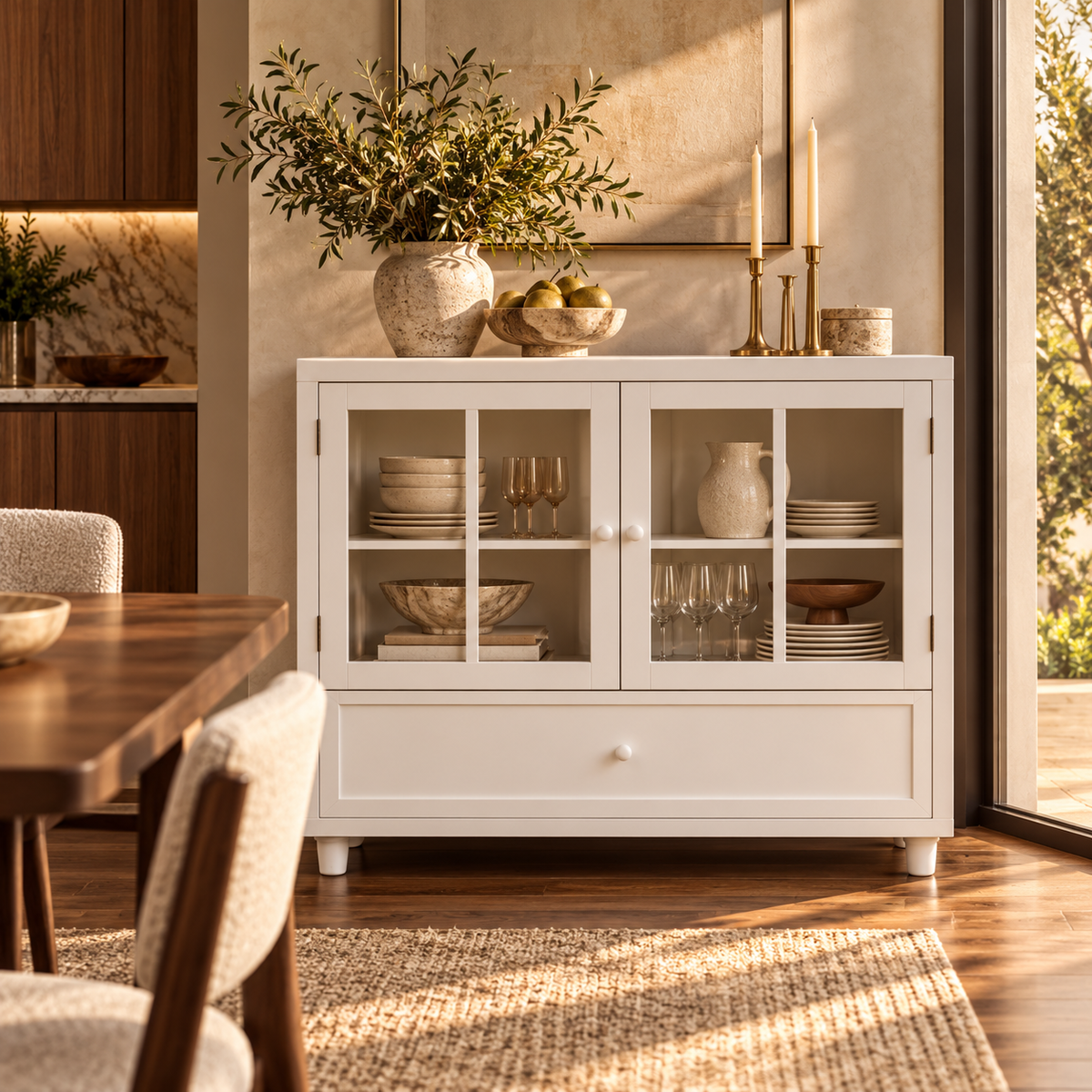 Minimalist White Buffet Cabinet With Double Glass Doors And Drawer, Modern Wooden Storage Sideboard Cupboard For Living Room, Dining Room Hallway Entryway featured in How to Create a Dining Room Storage Plan Before You Buy a Buffet