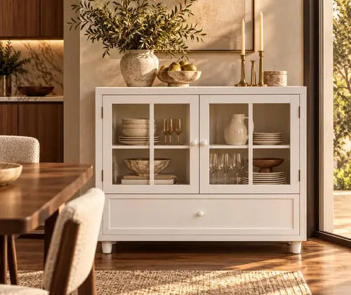 Minimalist White Buffet Cabinet With Double Glass Doors And Drawer, Modern Wooden Storage Sideboard Cupboard For Living Room, Dining Room Hallway Entryway featured in How to Create a Dining Room Storage Plan Before You Buy a Buffet