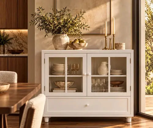 Minimalist White Buffet Cabinet With Double Glass Doors And Drawer, Modern Wooden Storage Sideboard Cupboard For Living Room, Dining Room Hallway Entryway featured in How to Create a Dining Room Storage Plan Before You Buy a Buffet