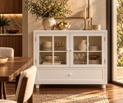 Minimalist White Buffet Cabinet With Double Glass Doors And Drawer, Modern Wooden Storage Sideboard Cupboard For Living Room, Dining Room Hallway Entryway featured in How to Create a Dining Room Storage Plan Before You Buy a Buffet