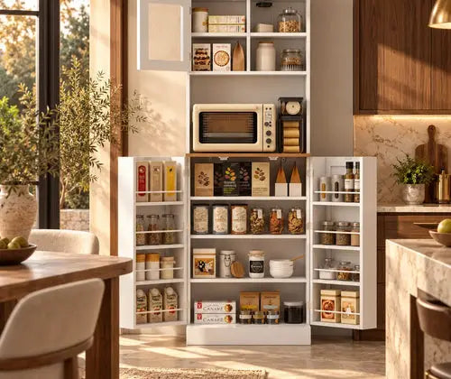 66.5" Tall Kitchen Pantry Cabinet, Kitchen Hutch, Microwave Cabinet with Adjustable Shelves for Dining Room, White featured in How to Organize a Kitchen with Almost No Pantry Space