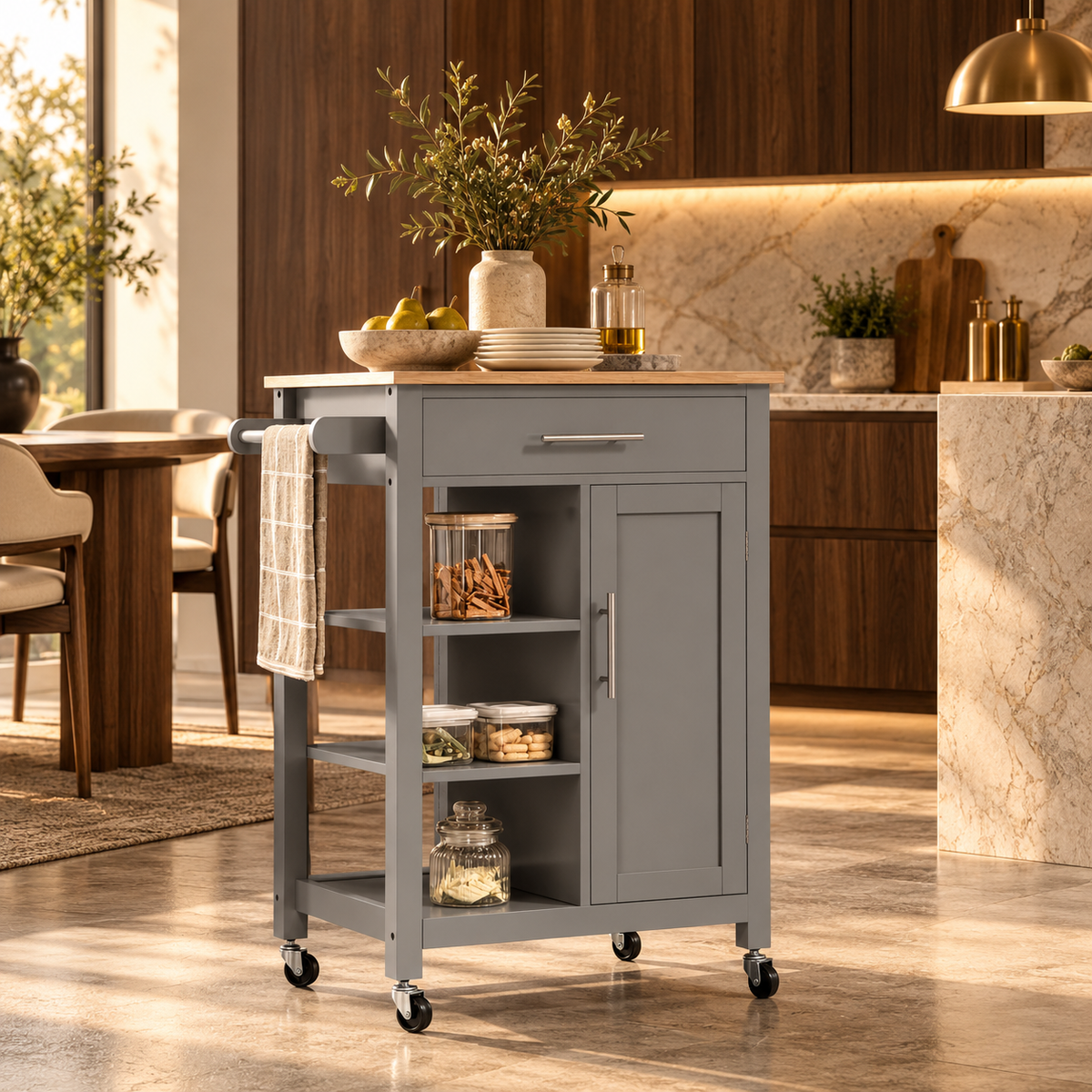 Kitchen Island Cart, Rolling Kitchen Island with Storage Shelf, Solid Wood Top, Drawer, for Dining Room, Gray featured in How to Style a Rolling Kitchen Cart for Everyday Use