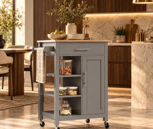Kitchen Island Cart, Rolling Kitchen Island with Storage Shelf, Solid Wood Top, Drawer, for Dining Room, Gray featured in How to Style a Rolling Kitchen Cart for Everyday Use