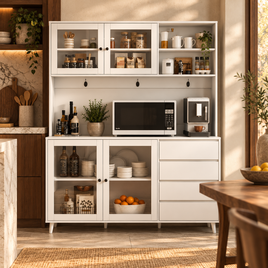 Large Kitchen Hutch Cabinet, Freestanding Pantry Cabinets Storage Kitchen Cupboard With 4 Doors, 4 Drawers & Microwave Shelf, White featured in How to Set Up a Microwave Station That Frees Up Counter Space