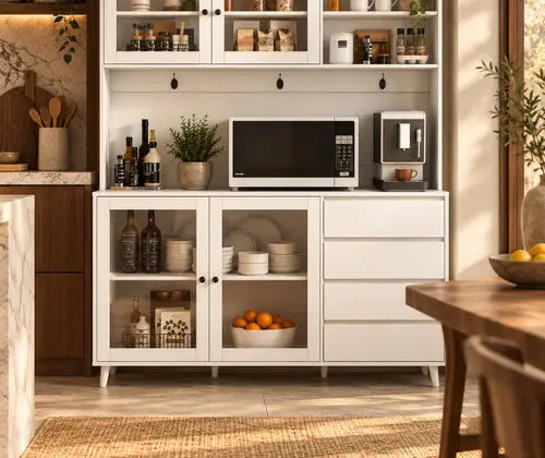 Large Kitchen Hutch Cabinet, Freestanding Pantry Cabinets Storage Kitchen Cupboard With 4 Doors, 4 Drawers & Microwave Shelf, White featured in How to Set Up a Microwave Station That Frees Up Counter Space
