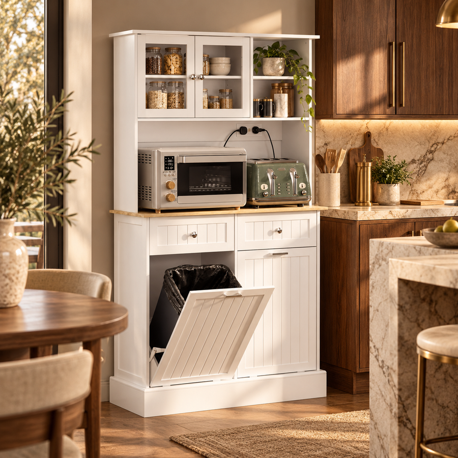 Kitchen Cabinet with Charging Station, 2 Tilt Out Cabinets, Microwave Stand, Freestanding Kitchen Pantry Cabinet, White featured in How to Create a Breakfast Station for Busy Mornings